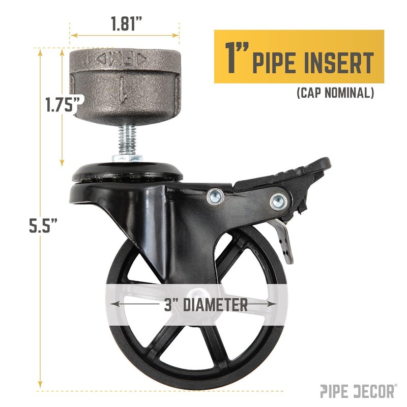 PIPE DECOR Swivel Caster Wheels for 1” Pipe (4-Pack), Casters for Pipe Legs with Locking Mechanism - Image 2